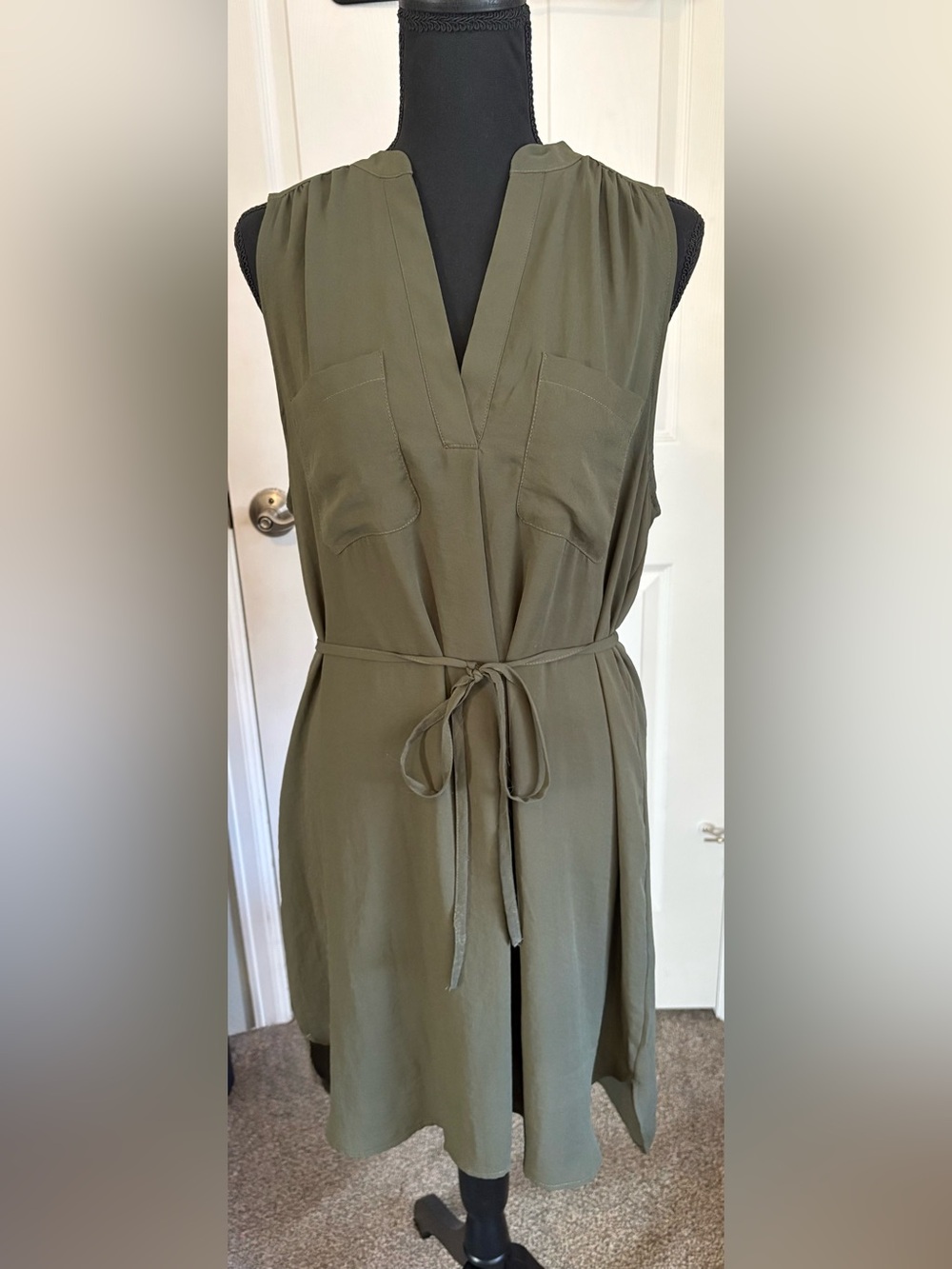 H&M Sleeveless Olive Green Tie-Waist Shirt Dress
